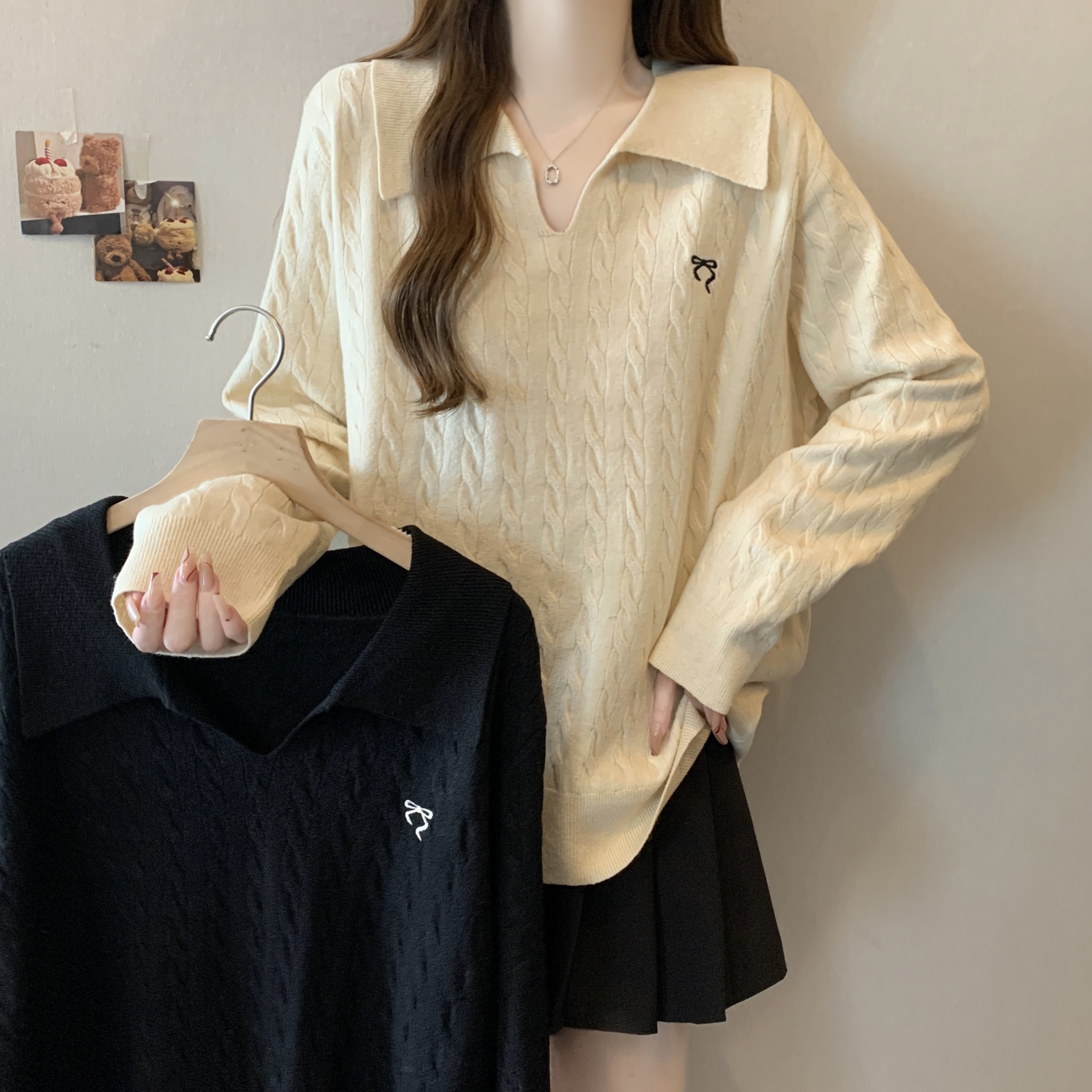 실사 지방 mm 빅 사이즈 POLO 칼라 자수 꽈배기 디자인 센스 루즈핏 슬림해 보이는 스웨터