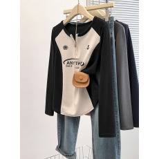 批发实拍2026春季新款胖mm大码女加厚百搭撞色字母半开领修身长袖T恤