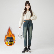 批发实拍哈伦牛仔裤女松紧腰春冬季新款高腰宽松大码加厚暖<b class='q'>宝宝</b>弹力裤