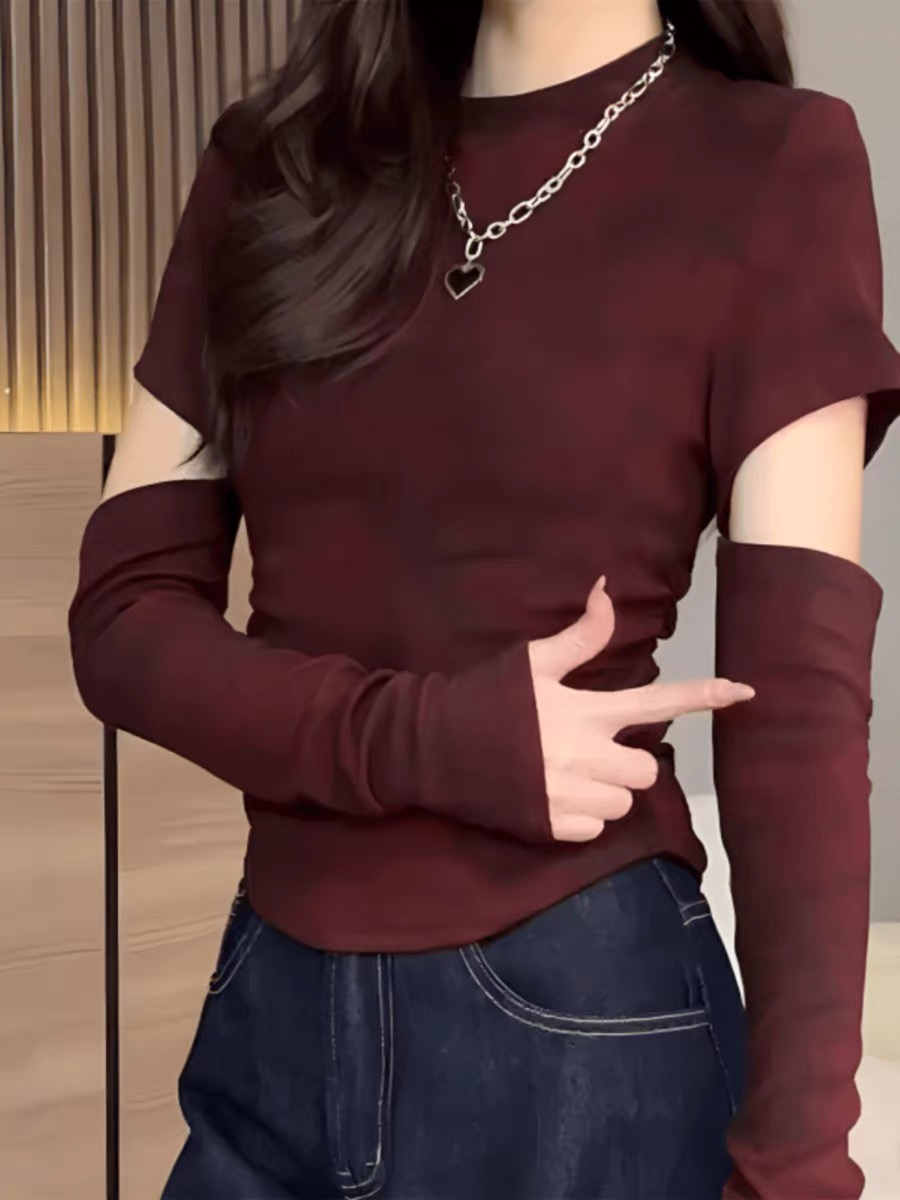 봄 새로운 마이크로 지방 mm 아메리칸 레트로 홀치기 염색 패치워크 긴팔 티셔츠 여성 슬림해 보이는 몸매 가꾸기 긴팔 맨위 여성