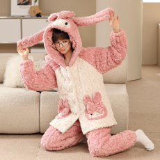 批发黛琳芬-高档绒三层夹棉女士<b class='q'>睡衣</b>加厚保暖连帽两件套夹棉家居服80