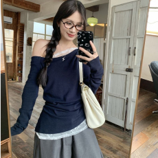 批发<b class='q'>韩国</b>外贸韩版原版做法<b class='q'>蕾丝</b>斜肩长袖T恤女装早春辣妹性感上衣