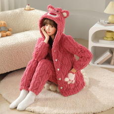 批发黛琳芬-高档绒三层夹棉女士<b class='q'>睡衣</b>加厚保暖连帽两件套夹棉家居服80