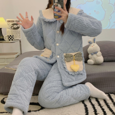 批发黛琳芬-高档绒三层夹棉女士<b class='q'>睡衣</b>加厚保暖开衫两件套夹棉家居服80