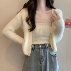 批发抖音天猫质量韩版百搭针织吊带开衫两件套温柔性感仿<b class='q'>貂绒</b>短款<b class='q'>外套</b>