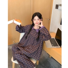 批发实拍韩版格子ins复古甜美娃娃领长袖睡衣家居服套装春秋女
