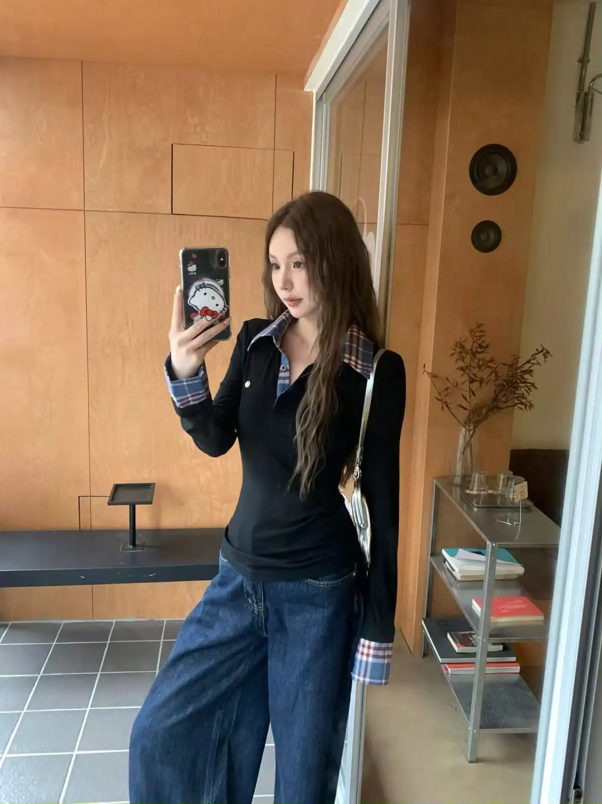격자무늬 폴로 칼라 레이어드 긴소매 티셔츠 상세 이미지 3