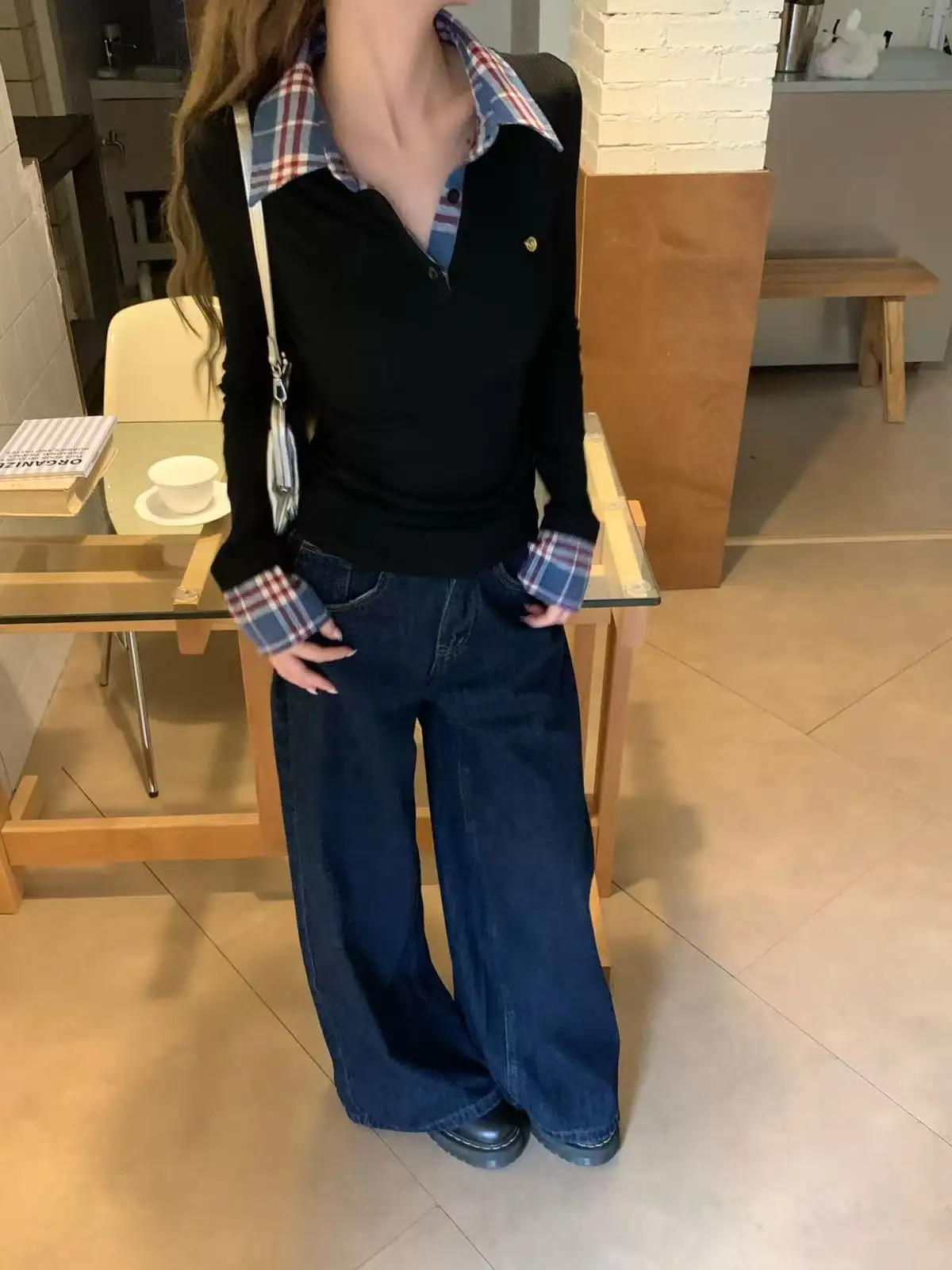 격자무늬 폴로 칼라 레이어드 긴소매 티셔츠 상세 이미지 4