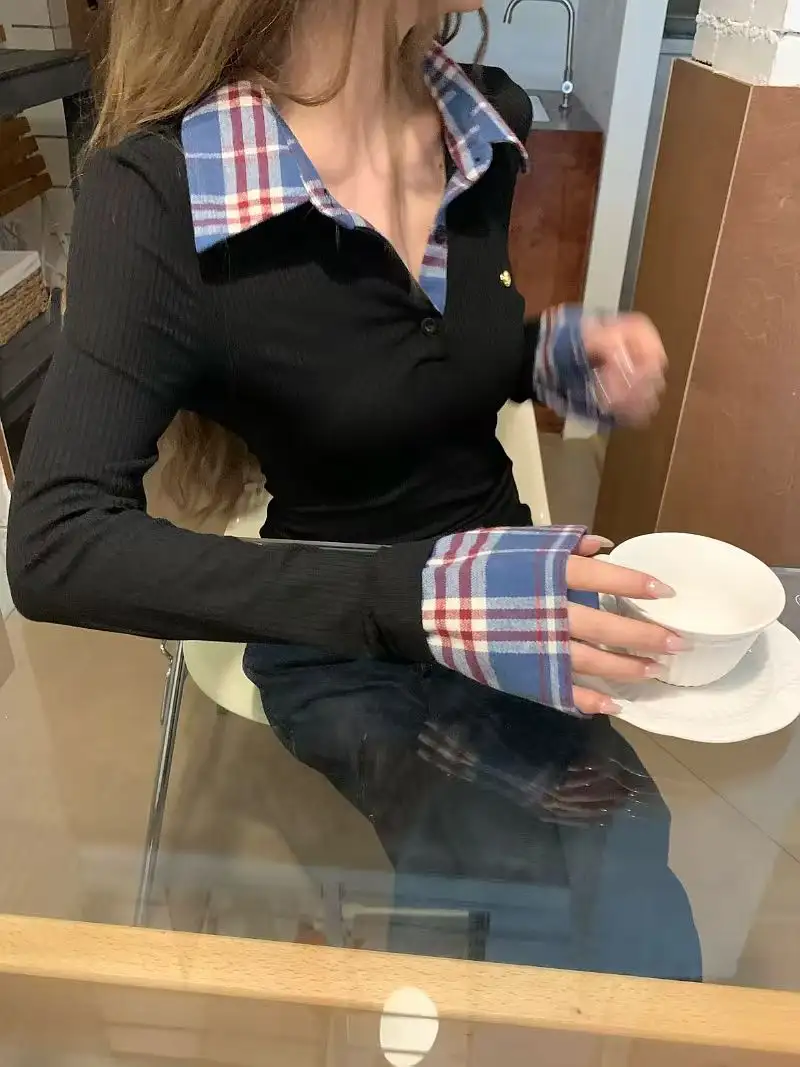 격자무늬 폴로 칼라 레이어드 긴소매 티셔츠 상세 이미지 5