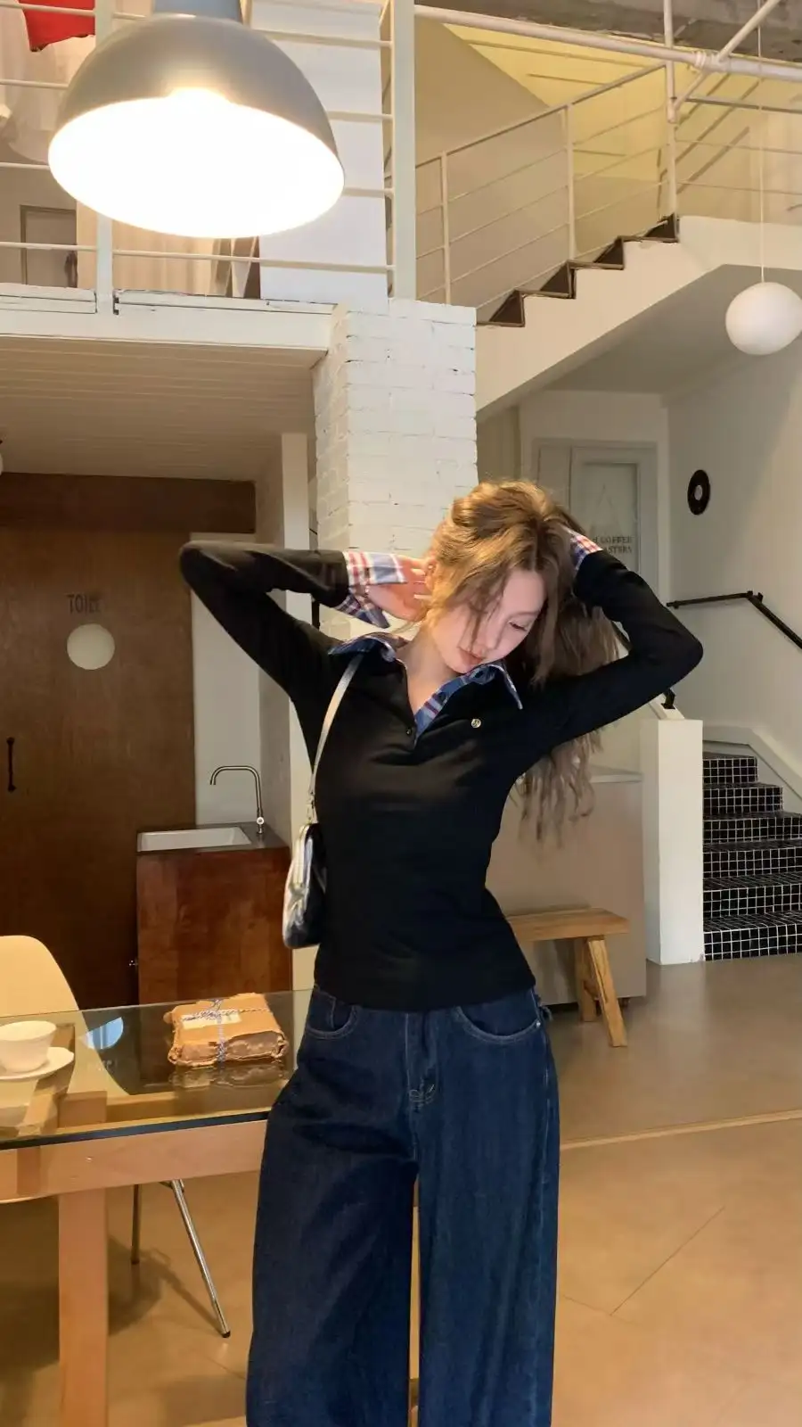 격자무늬 폴로 칼라 레이어드 긴소매 티셔츠 상세 이미지 6