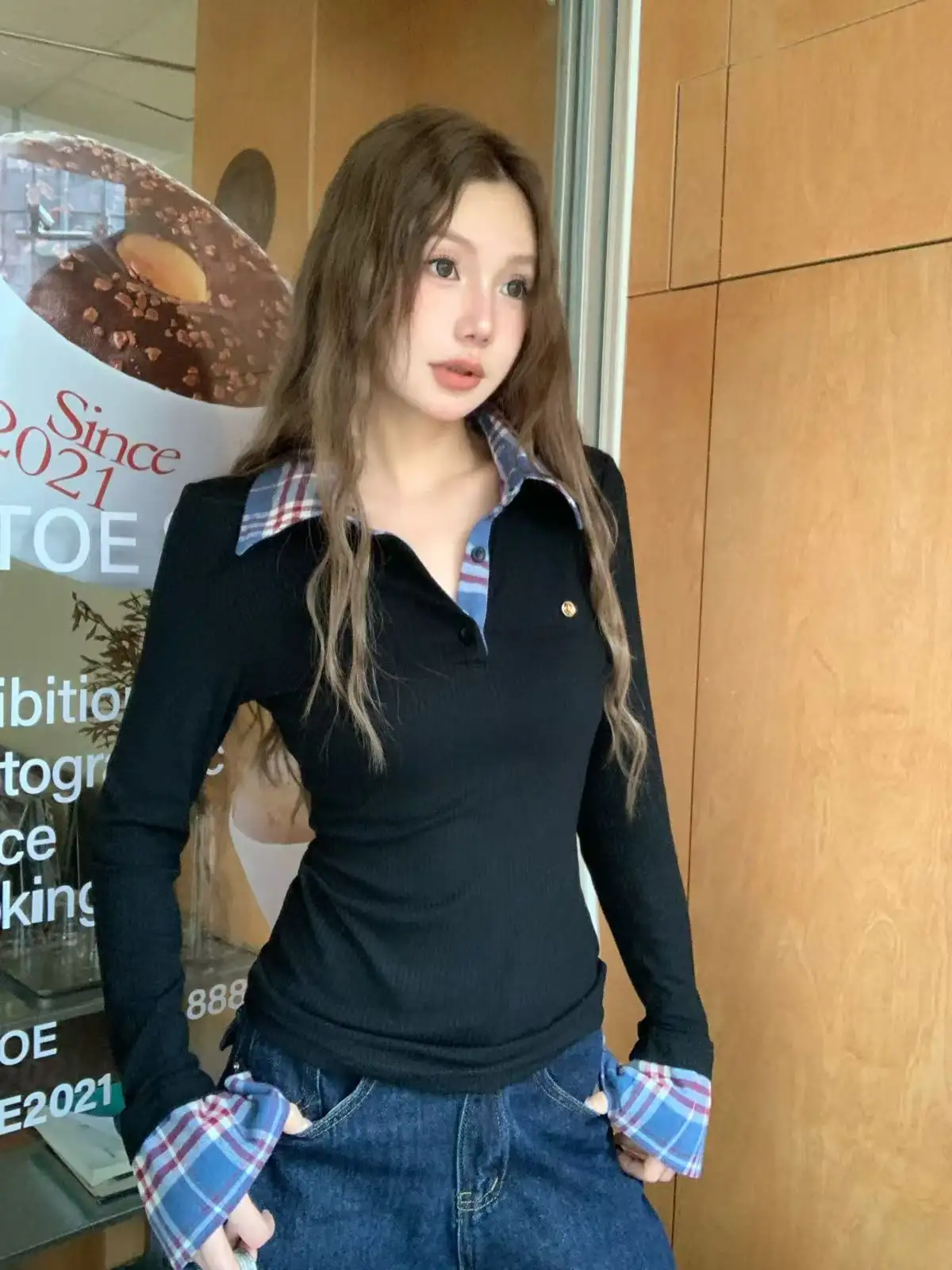 격자무늬 폴로 칼라 레이어드 긴소매 티셔츠 상세 이미지 12