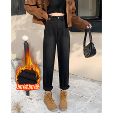 批发实拍2025冬季新款胖mm大码加绒加厚保暖哈伦裤梨形身材遮胯牛仔裤