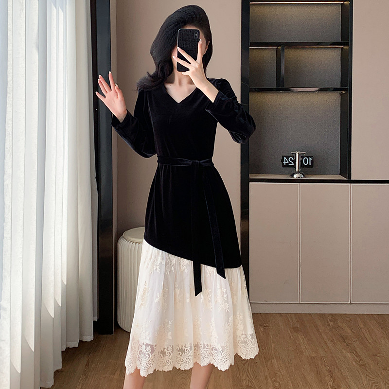 MY12132# 法式气质蕾丝拼接礼服裙设计感轻奢通勤丝绒连衣裙女裝貨源服...