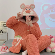 批发黛琳芬-高档绒三层夹棉女士<b class='q'>睡衣</b>加厚保暖连帽两件套夹棉家居服80