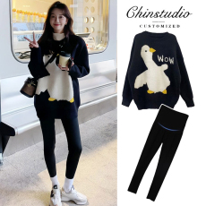 批发有货#孕妇秋冬装套装2025新款韩版宽松大鹅毛衣加厚针织两件套