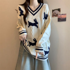 批发大码慵懒风兔子提花毛衣女秋冬新款胖MM洋气减龄遮肚显瘦百搭上衣