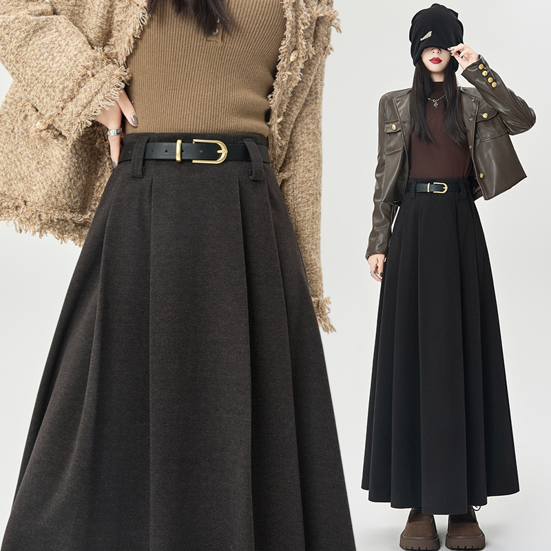 实拍 毛呢西装半身裙女2024秋冬中长款百褶裙高腰遮胯显瘦a字长裙