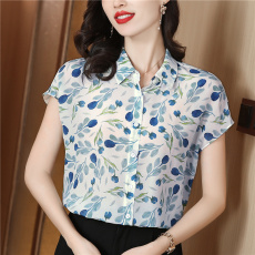 批发双绉真丝衬衫女短袖2025新款夏季时尚气质印花小衫杭州桑蚕丝上衣