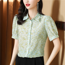 批发设计师款！上身复古好看！小碎花双绉真丝短袖衬衫上衣女  33520