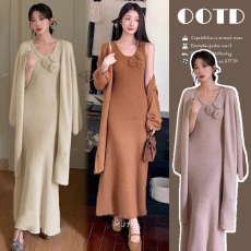 批发新品#孕妇连衣裙秋冬装套装2025新款温柔花朵背心裙子+开衫两件套