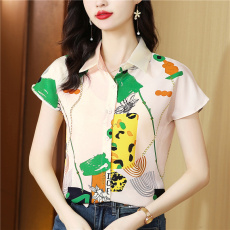 批发重磅真丝衬衫女上衣2025夏装新款短袖气质印花设计感桑蚕丝衬衣女