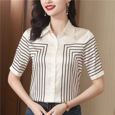 批发高端真丝衬衫女25春夏设计感小众气质中袖条纹上衣桑蚕丝衬衣显瘦