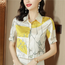 批发轻奢重磅真丝缎面衬衫女撞色通勤休闲短袖上衣夏季高级设计感小众