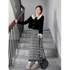 批发实拍实价 小香风丝<b class='q'>绒套装</b>女秋冬法式复古高腰显瘦格纹半身裙套装