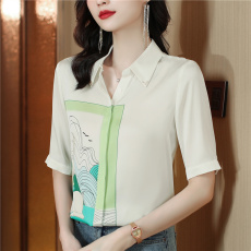 批发复古印花高端真丝衬衫女夏季新款设计感小众显瘦中袖桑蚕丝衬衣女