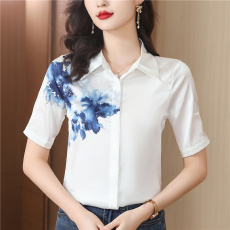 批发桑蚕丝国风高端水墨印花丝绸短袖衬衫夏季新款百搭通勤真丝上衣女