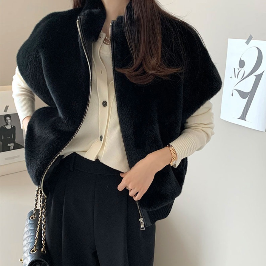 한국 chic 수달 털 베스트 지퍼 모피 모피 짧은 외투 한국 스타일 재킷 조끼