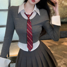 批发韩国东大门新品 领带装饰<b class='q'>衬衫</b>拼接翻领假两件T恤se