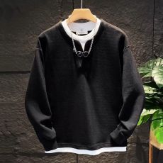 批发重磅设计感秋冬季新款圆领假两件加绒加厚卫衣潮流时尚宽松上衣男