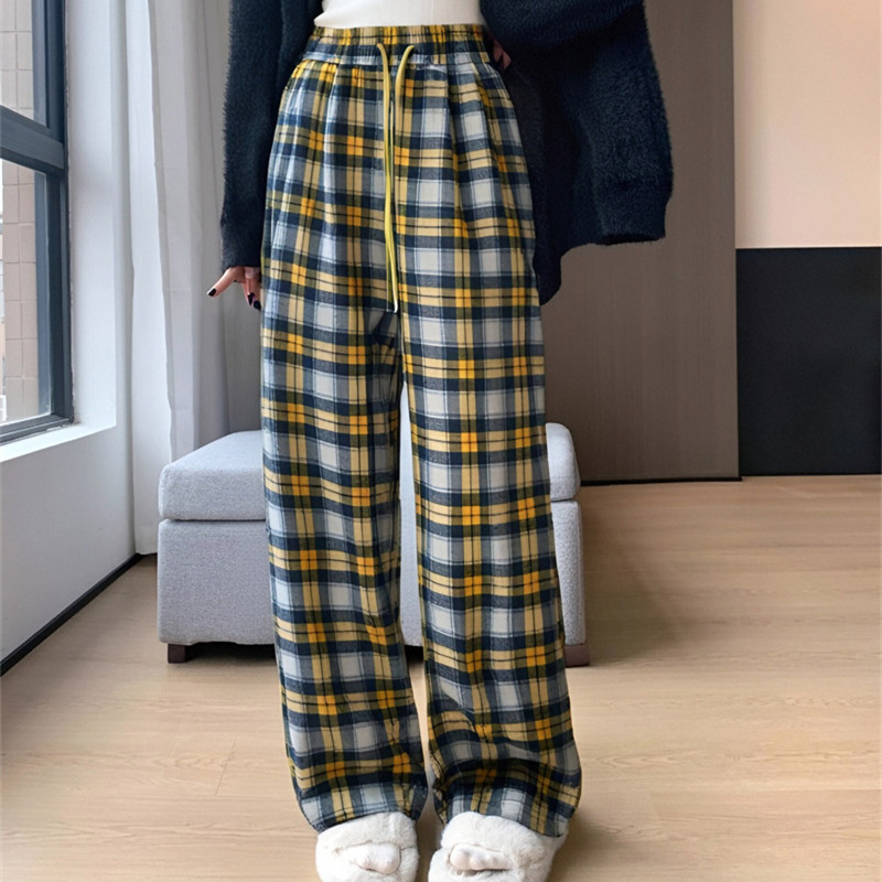 LN61947# 加绒女秋冬毛呢宽松直筒休闲裤复古格子高腰休闲运动阔腿裤子 服裝批發女裝批發服飾貨源