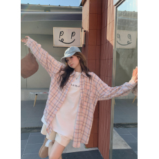 批发实价粉色<b class='q'>格子</b>polo领长袖<b class='q'>衬衫</b>外套女2026高级感韩系宽松<b class='q'>衬衣</b>上衣