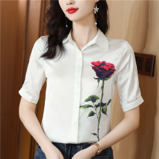 批发白色印花醋酸缎面真丝衬衫女高级感轻奢名媛上衣别致短袖冰丝衬衣
