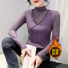 批发加绒秋长袖半高领钉珠<b class='q'>网纱</b>t恤女时尚韩范修身显瘦<b class='q'>打底衫</b>潮