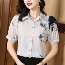 批发水墨真丝短袖衬衫女2025年夏季新款宽松泡泡袖复古气质桑蚕丝衬衣