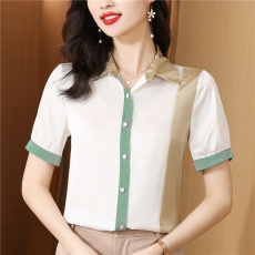 批发重磅真丝衬衫女上衣2025夏装新款短袖拼接纯色设计感桑蚕丝衬衣女