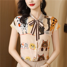 批发法式减龄少女感！飘带娃娃双层领印花蝙蝠短袖真丝衬衫女夏 D8771