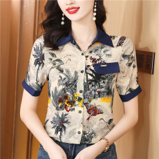 批发复古印花真丝短袖衬衫女2025夏装新款丝滑感衬衣时尚拼接高端上衣