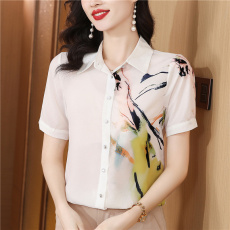 批发真丝短袖衬衫女2025夏装新款水墨印花拼接丝滑感衬衣时尚气质上衣