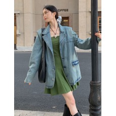 批发美式复古水洗做旧牛仔外套女简约百搭设计感宽松长袖夹克上衣