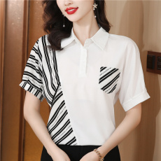 批发时尚休闲条纹拼接短袖衬衣女士2025夏季新款宽松显瘦百搭气质衬衫
