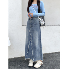 批发实拍大码女装不规则牛仔裙半身裙女新款高腰显瘦别致长裙A字裙子