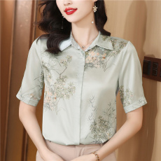 批发2025春秋季新款女士印花真丝衬衫短袖<b class='q'>大码</b>宽松桑蚕丝衬衣显瘦上衣