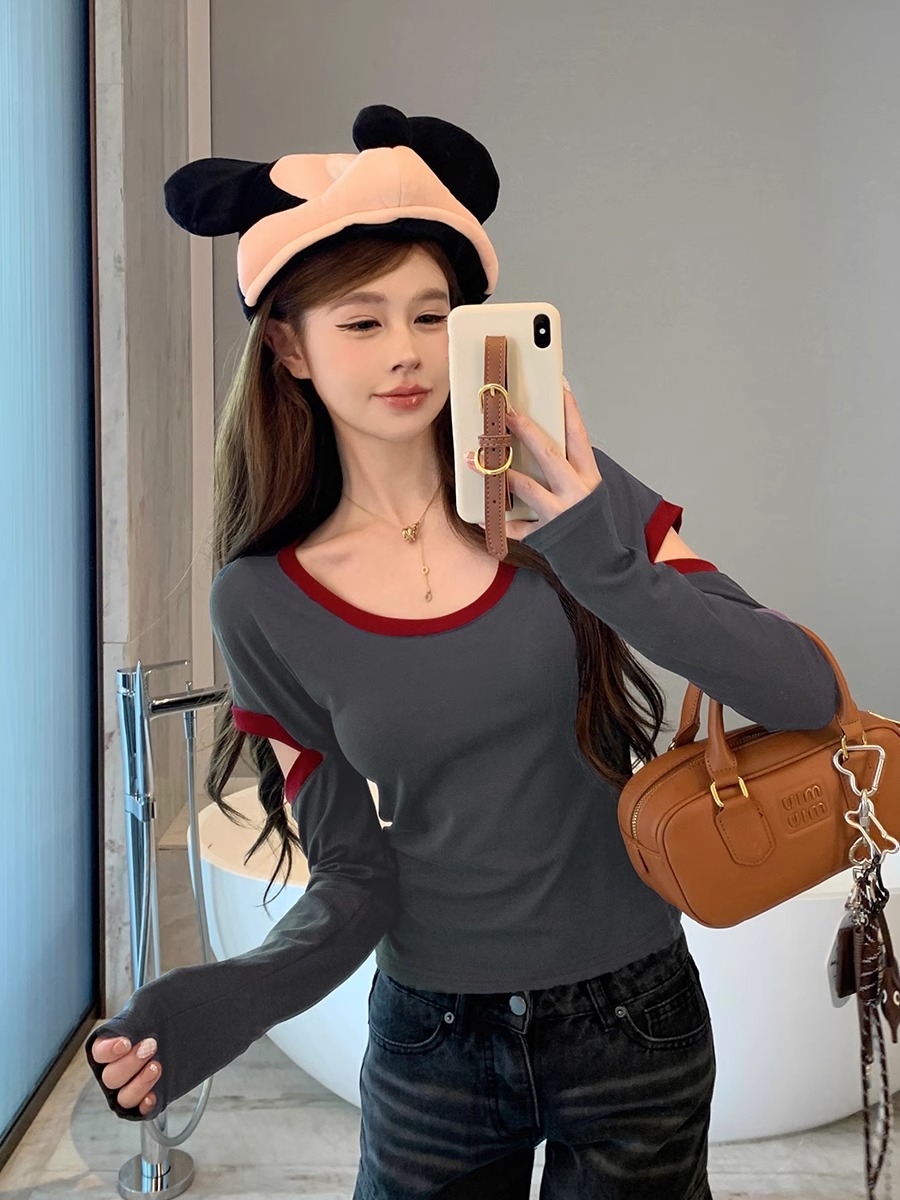 PF26032#人棉1*1 撞色拼接露肩U领长袖t恤女女裝貨源服裝批發