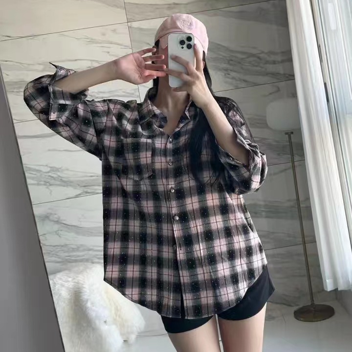 한국 스타일 봄 핫픽스 격자 무늬 셔츠 chic 디자인 센스 루즈핏 레트로 재킷 여성 긴 소매 하라주쿠 스타일 셔츠