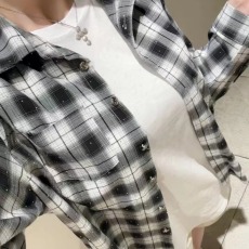 批发韩版春秋烫钻格子<b class='q'>衬衫</b>小众休闲宽松复古外套女长袖原宿风<b class='q'>衬衣</b>