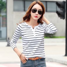 批发纯棉长袖t恤女洋气v领上衣中老年女装妈妈<b class='q'>秋</b>装2024新款条纹打底衫